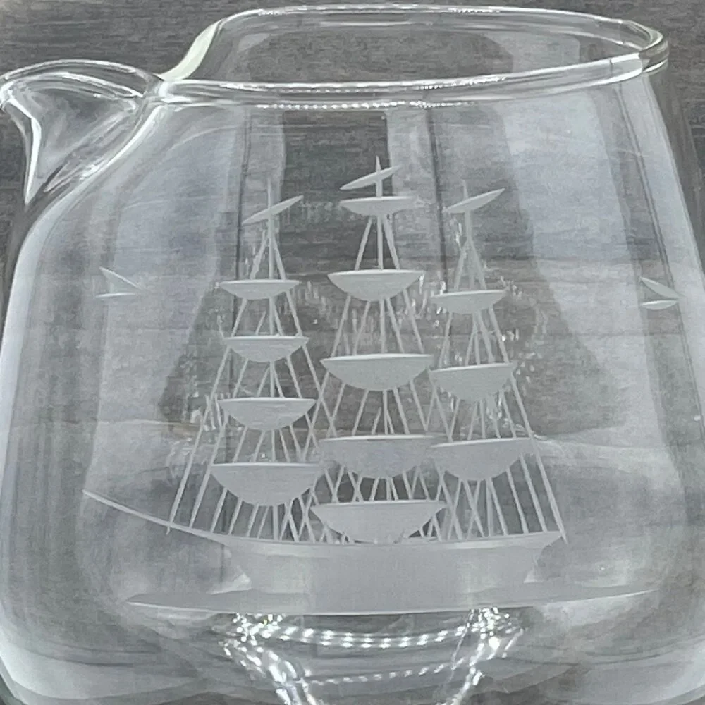 Vtg Toscany Clear Glass Brandy Snifter w/ Spout Clipper Ship Etched Nautical
